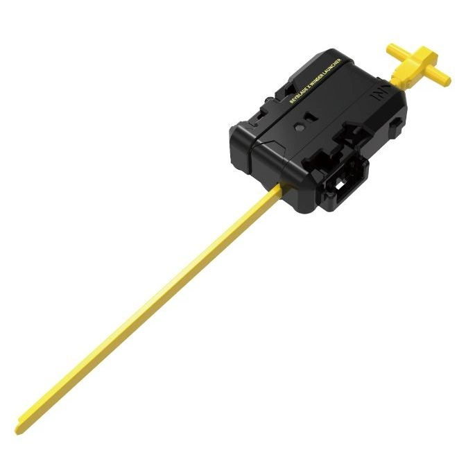  Black Beyblade X Winder Launcher with yellow ripcord and handle.