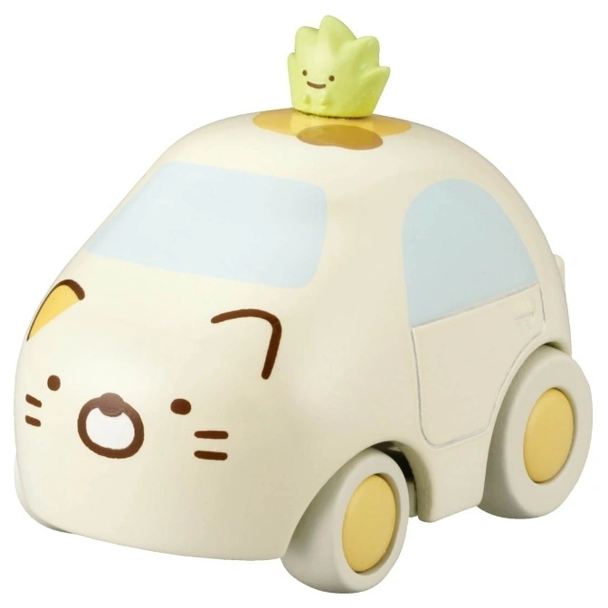Sumikko Gurashi cat car toy with a sprout on top. Cute, cream-colored vehicle with cat face details.
