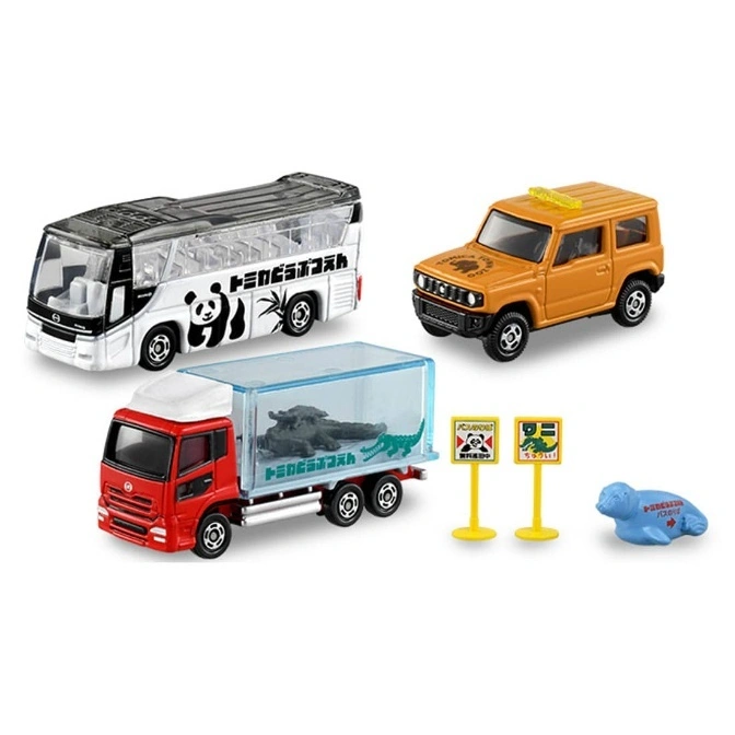  Toy zoo set with bus, truck, car, signs, and seal figure.