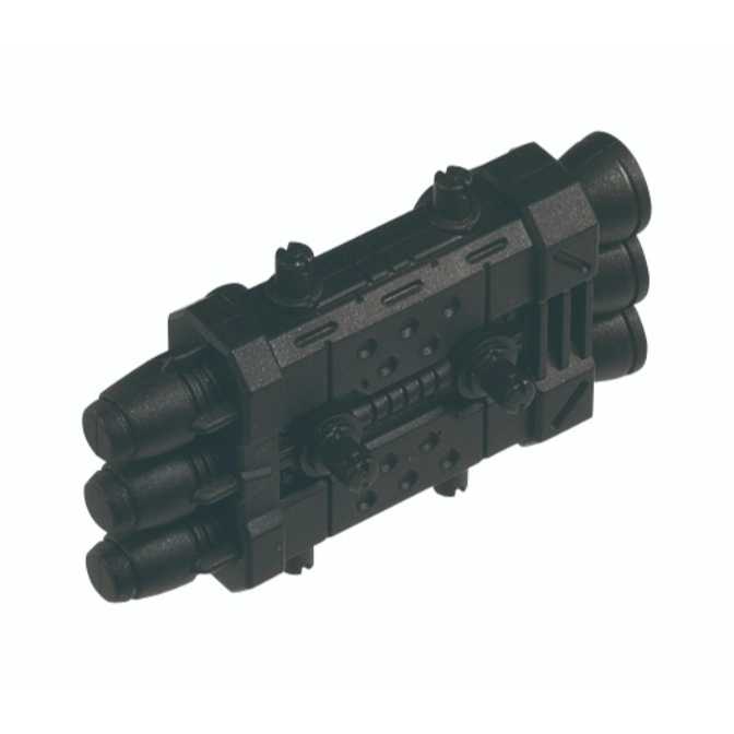  Black toy missile launcher with six barrels and detailed molded features.