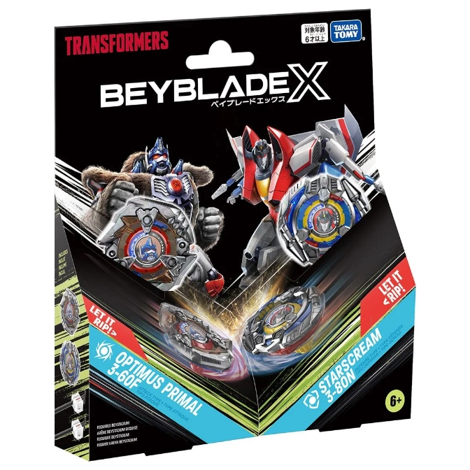  Transformers Beyblade X Optimus Primal and Starscream set. Spinning tops with character art.