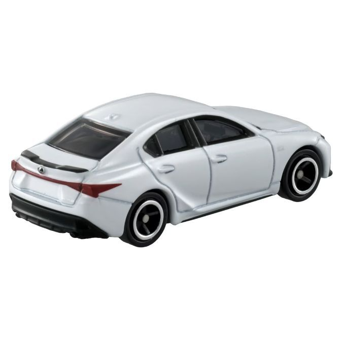  White Lexus IS toy car with black wheels, rear view.