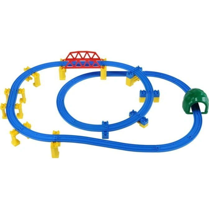 Blue toy train track set with a red bridge, yellow supports, and a green tunnel.