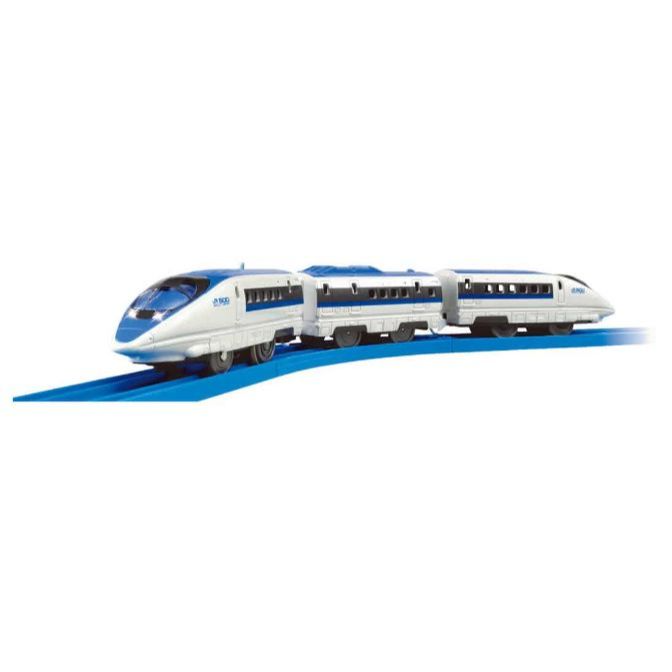 A toy train on a blue track.