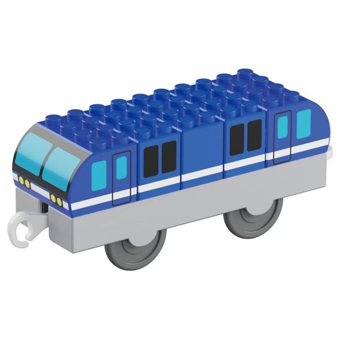  Blue toy train made of building blocks with grey wheels and base.