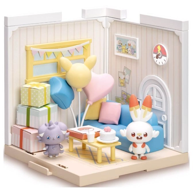 Pokémon diorama with Espurr and Scorbunny figures, balloons, gifts, and furniture.