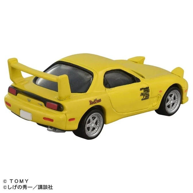  Yellow Mazda RX-7 FD3S toy car with 'Red Suns' decal and spoiler.