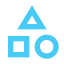 Blue icon with triangle, square, and circle shapes.