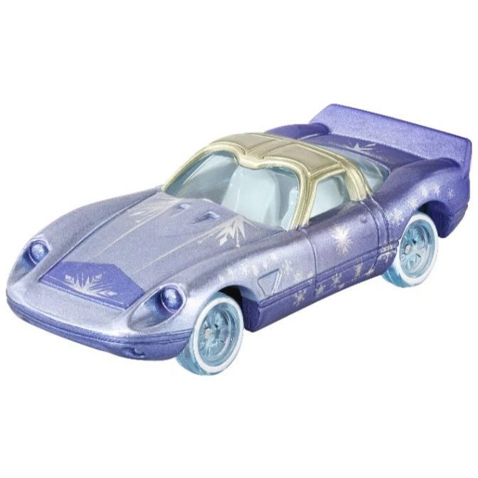 Frozen-themed toy car with snowflake details and light blue accents.
