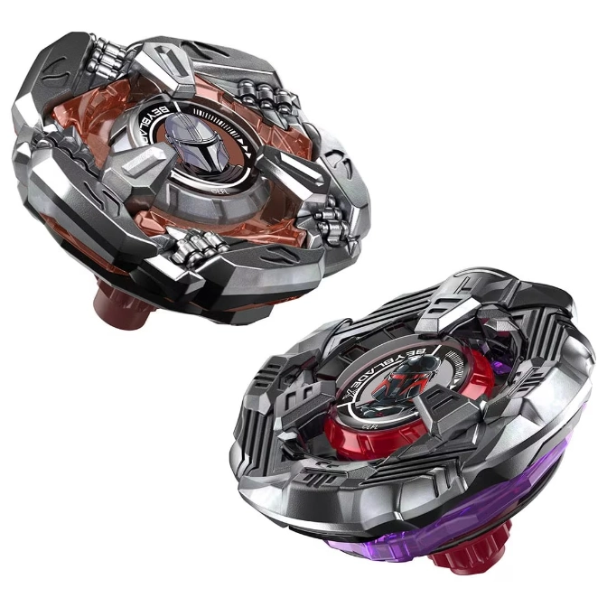  Two Beyblade spinning tops, one with a brown center and the other with a red and purple center.