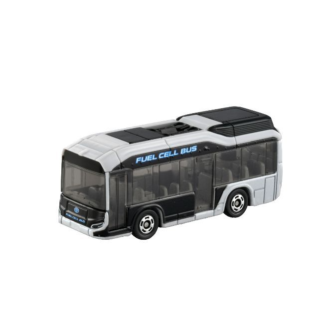 Toy fuel cell bus with black roof and silver body. "FUEL CELL BUS" is printed on the side.