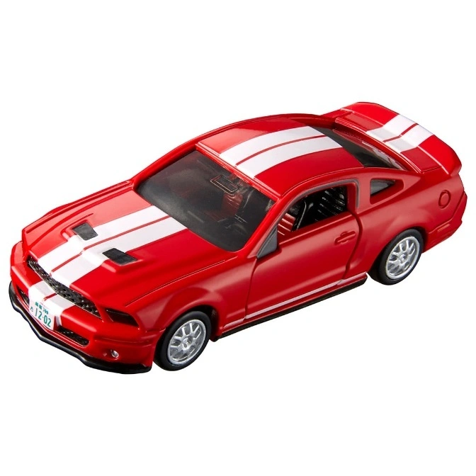  Red toy Mustang with white racing stripes, silver wheels, and Japanese license plate.
