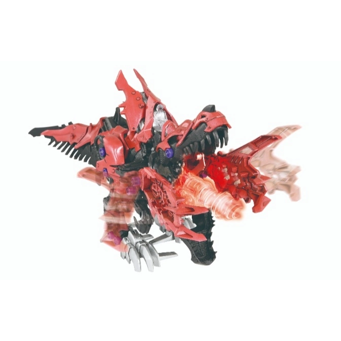  Red Zoid toy dinosaur with glowing mouth cannon, ready to attack.