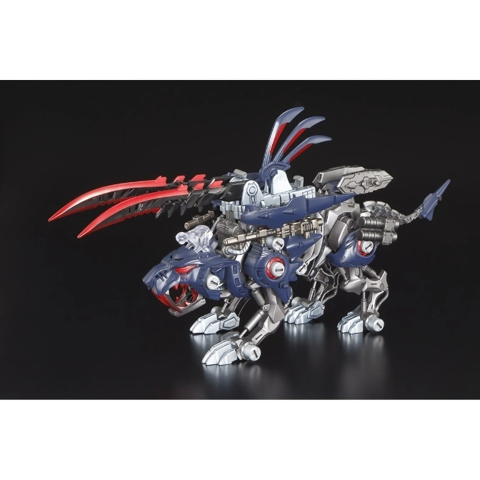 Zoids Liger Zero toy: blue and silver robotic lion with red blades.