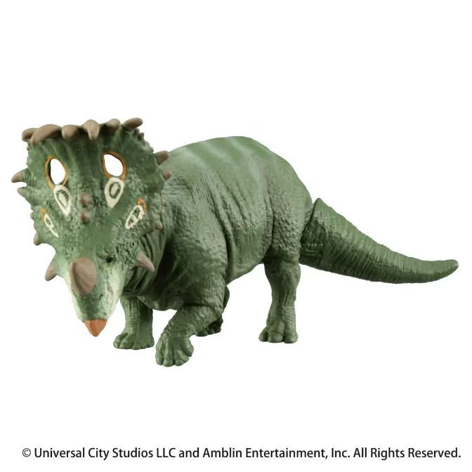  Green Styracosaurus toy with brown horns and frill decorations.