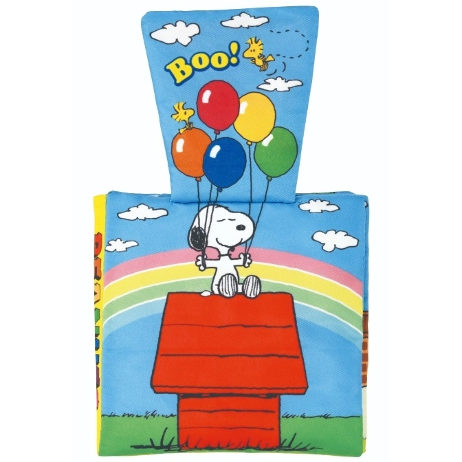 Snoopy soft book with Snoopy on his doghouse holding balloons, and the word "Boo!"