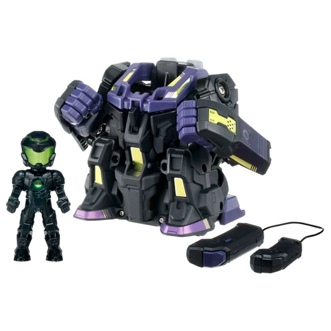  Black and purple robot toy with a smaller figure and remote controls.