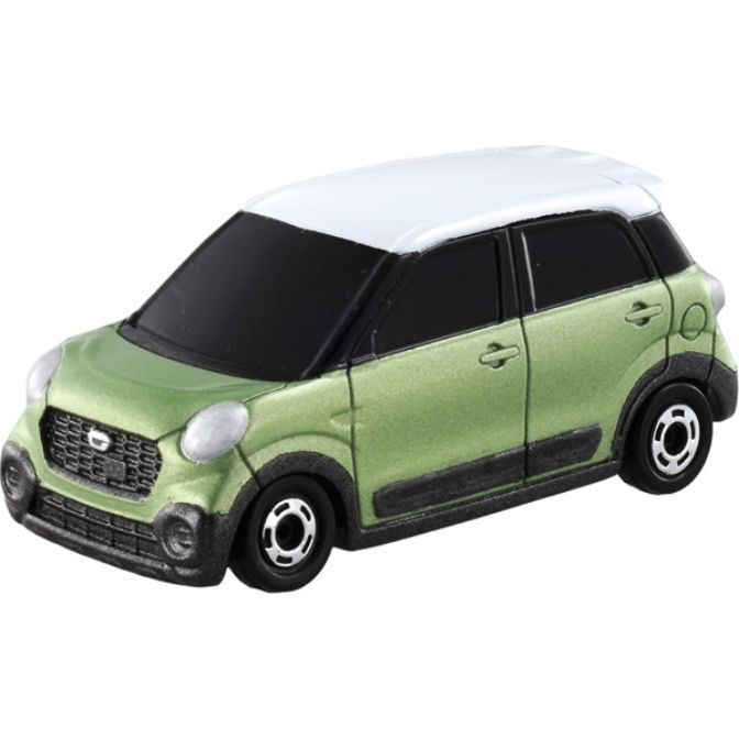 Green toy car with white roof, black trim and wheels.