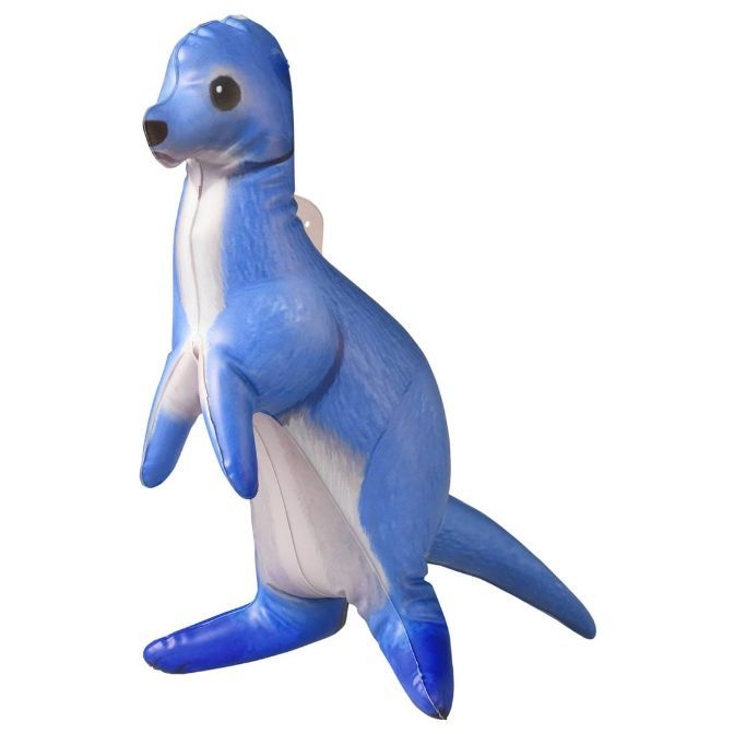 Inflatable blue kangaroo toy standing upright with a white belly.