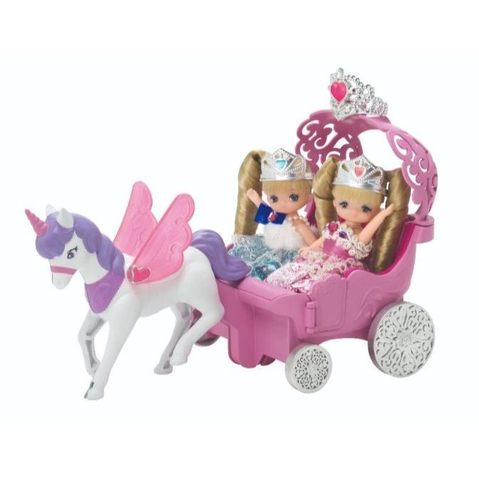 Pink toy carriage pulled by unicorn with two dolls wearing crowns.