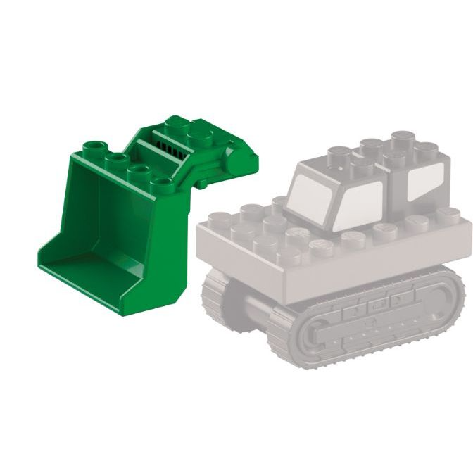  Green toy excavator bucket with a greyed-out toy bulldozer in the background.