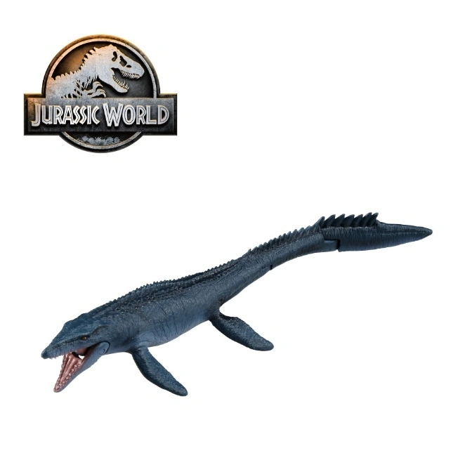 Blue Jurassic World Mosasaurus toy with articulated tail and open mouth.