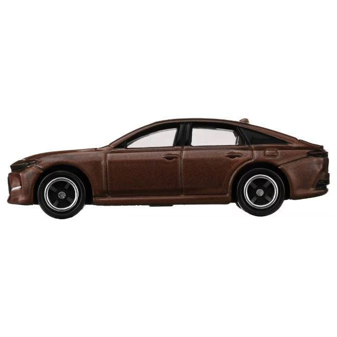  Brown toy car, a sedan with black wheels, side view.