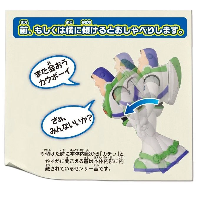  Buzz Lightyear toy tilting, with speech bubbles. Tilting activates sounds from internal sensor.