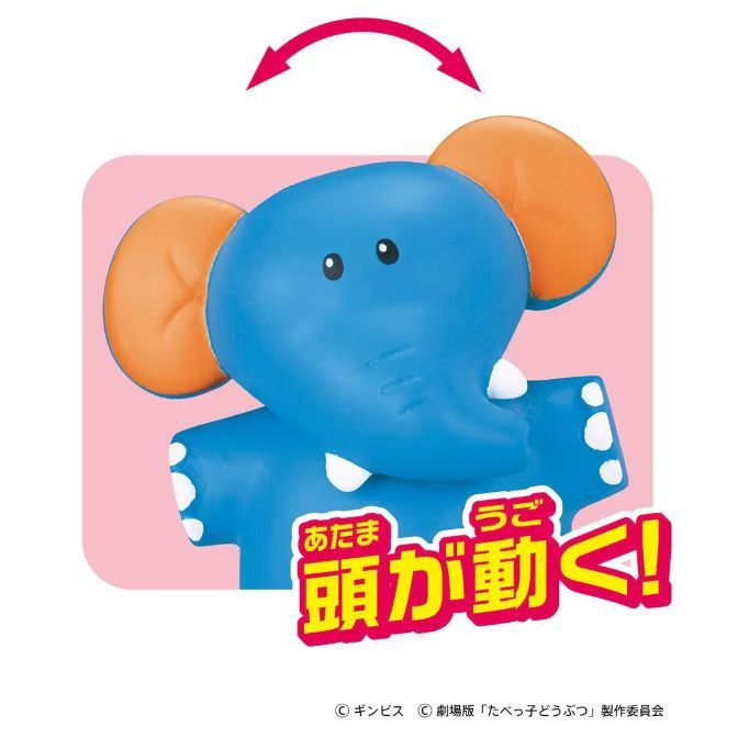  Blue elephant toy with orange ears and a red arrow indicating head movement.