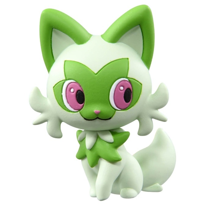 Sprigatito toy figurine, white with green accents, pink eyes, and a curled tail.