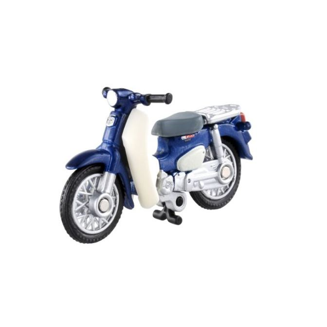 Blue toy Honda Super Cub motorcycle with white fairing and silver accents.