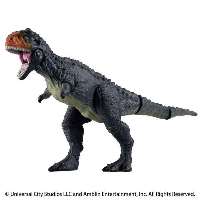  Grey dinosaur toy with orange head, open mouth, and articulated tail.
