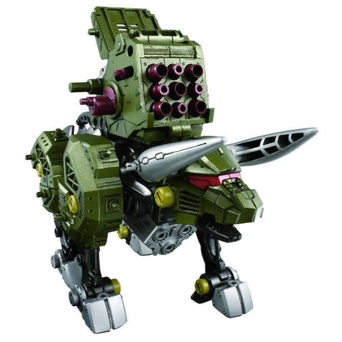  Olive green Zoid toy with missile launcher, silver accents, and lion-like features.