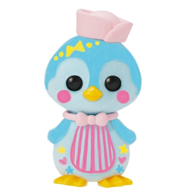  Blue penguin toy with pink hat, bow, and striped apron. Yellow accents.
