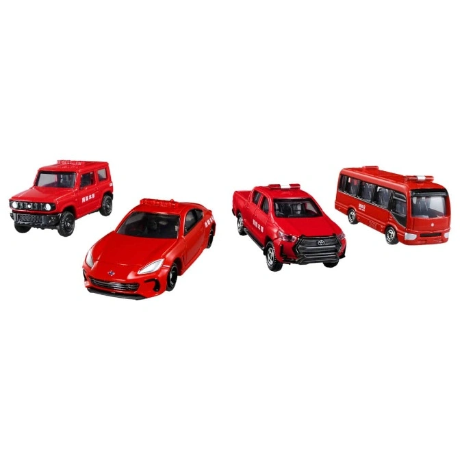 Four red toy emergency vehicles: SUV, sedan, pickup truck, and bus.