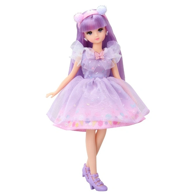  Doll with purple hair, dress, and shoes. The dress has a butterfly bow and ice cream cone pattern.