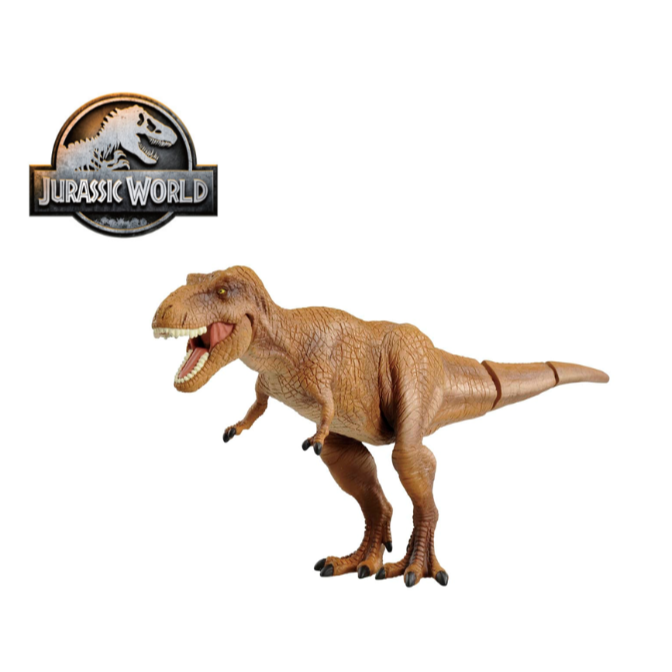 Brown Jurassic World T-Rex toy with articulated tail and open mouth.