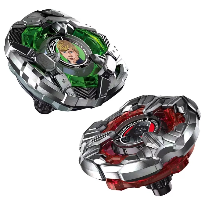  Two Star Wars Beyblades: Luke Skywalker (green) and Darth Vader (red).