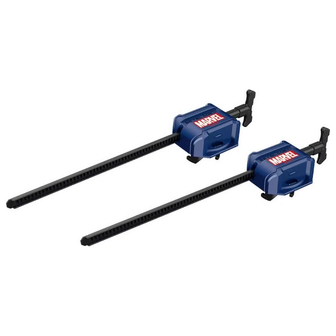  Two blue Marvel Beyblade launchers with black ripcords.