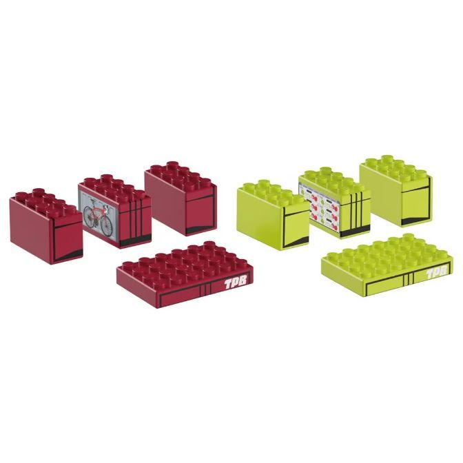  Toy building blocks in red and green, some with printed designs.