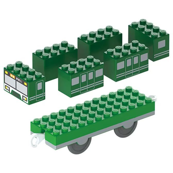  Green toy train made of building blocks with wheels and windows.