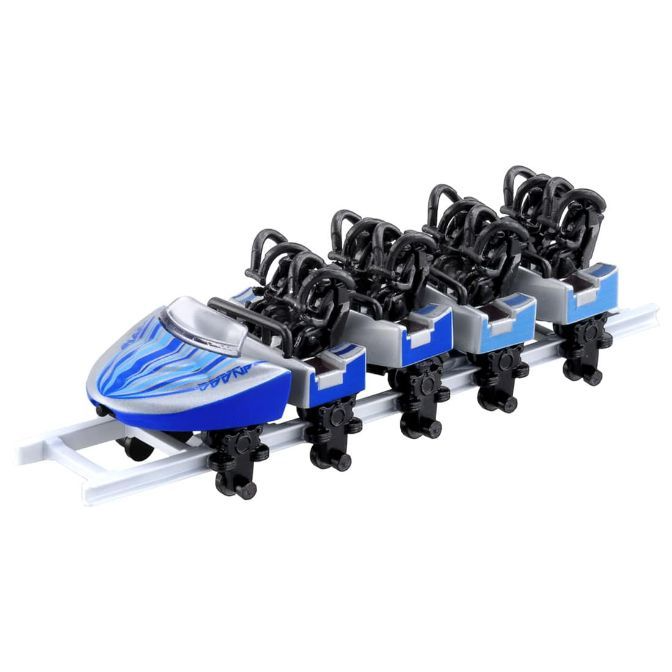 Toy roller coaster train with blue and silver cars on a white track.