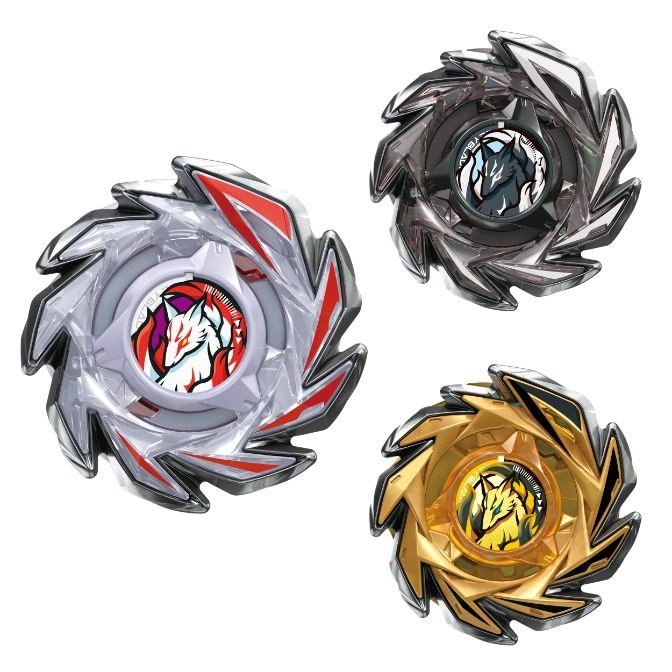 Three spinning top toys with wolf emblems: silver/red, dark grey, and gold.