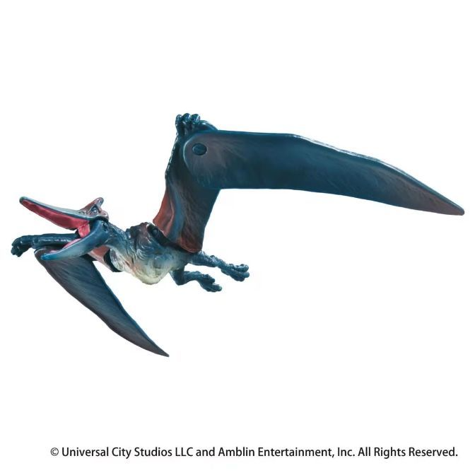  Pteranodon dinosaur toy with articulated wings, red crest, and blue body in a flying pose.