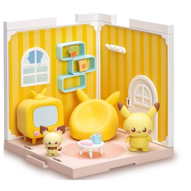 Pikachu dollhouse with Pikachu and Mimikyu figures, chair, TV, table, and striped wallpaper.