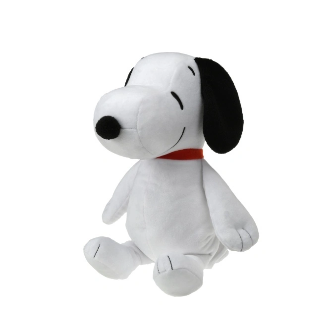 Snoopy plush toy with red collar, sitting. White with black ear and nose.