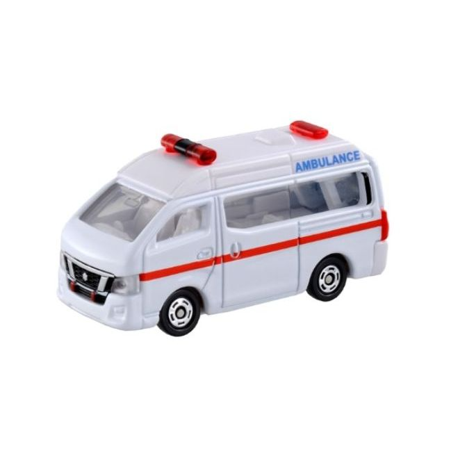 Toy ambulance van with red stripes and emergency lights.