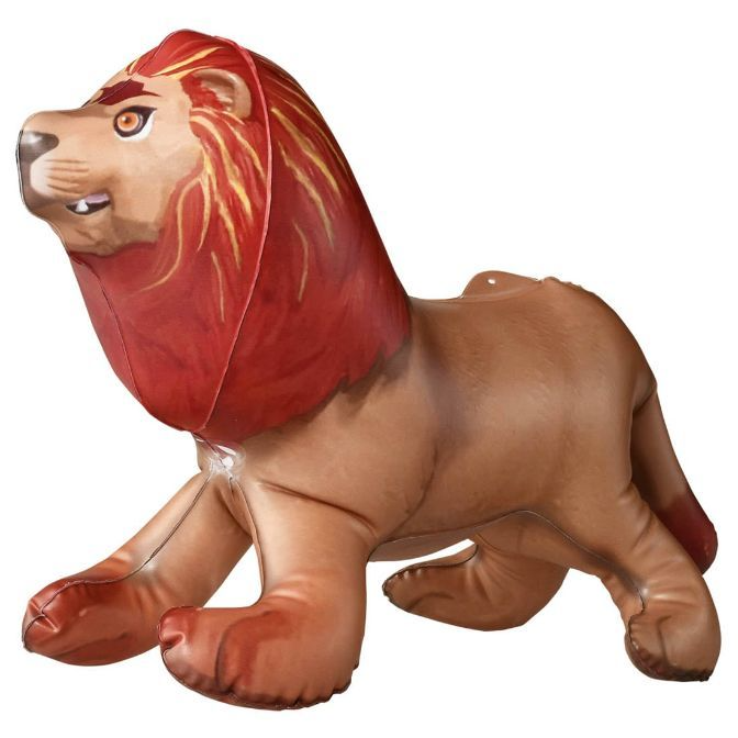 Inflatable lion toy with red mane and cartoonish features.