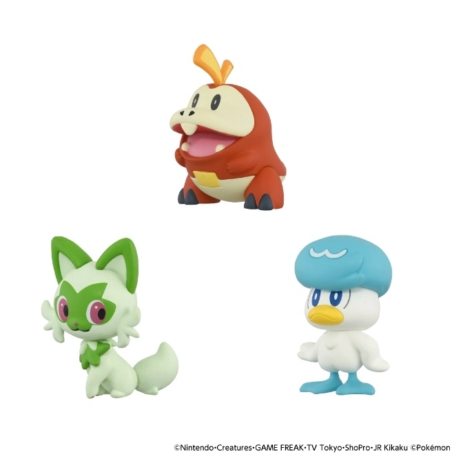  Three Pokémon Scarlet/Violet starter toys: Fuecoco, Sprigatito, and Quaxly.
