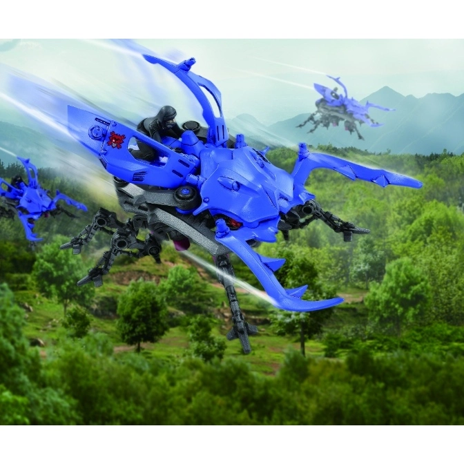  Blue beetle-shaped Zoid toy with a pilot, flying over a forest landscape. Motion blur indicates speed.